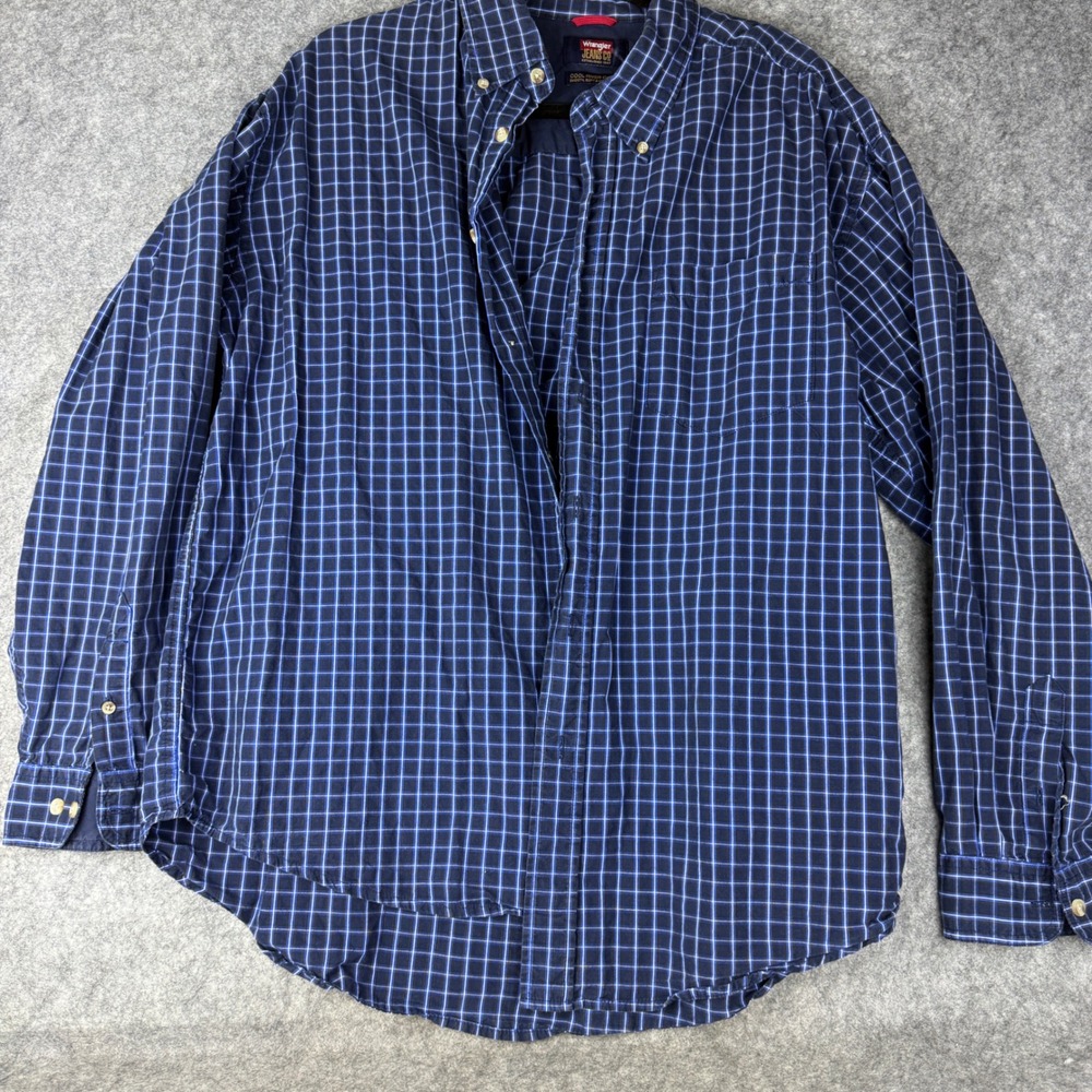 Wrangler Jeans Co Mens Large Blue Plaid Cool River Cotton Button Down Shirt L